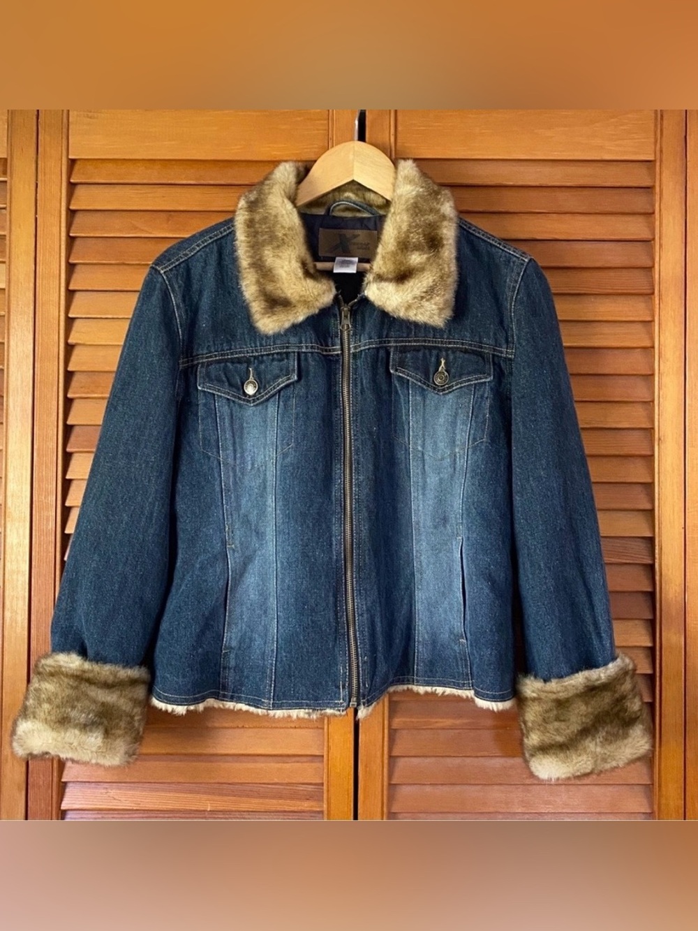Y2K Vintage Denim Jacket Womens Size Large Faux Fur Trimmed Blue Jean Penny Lane